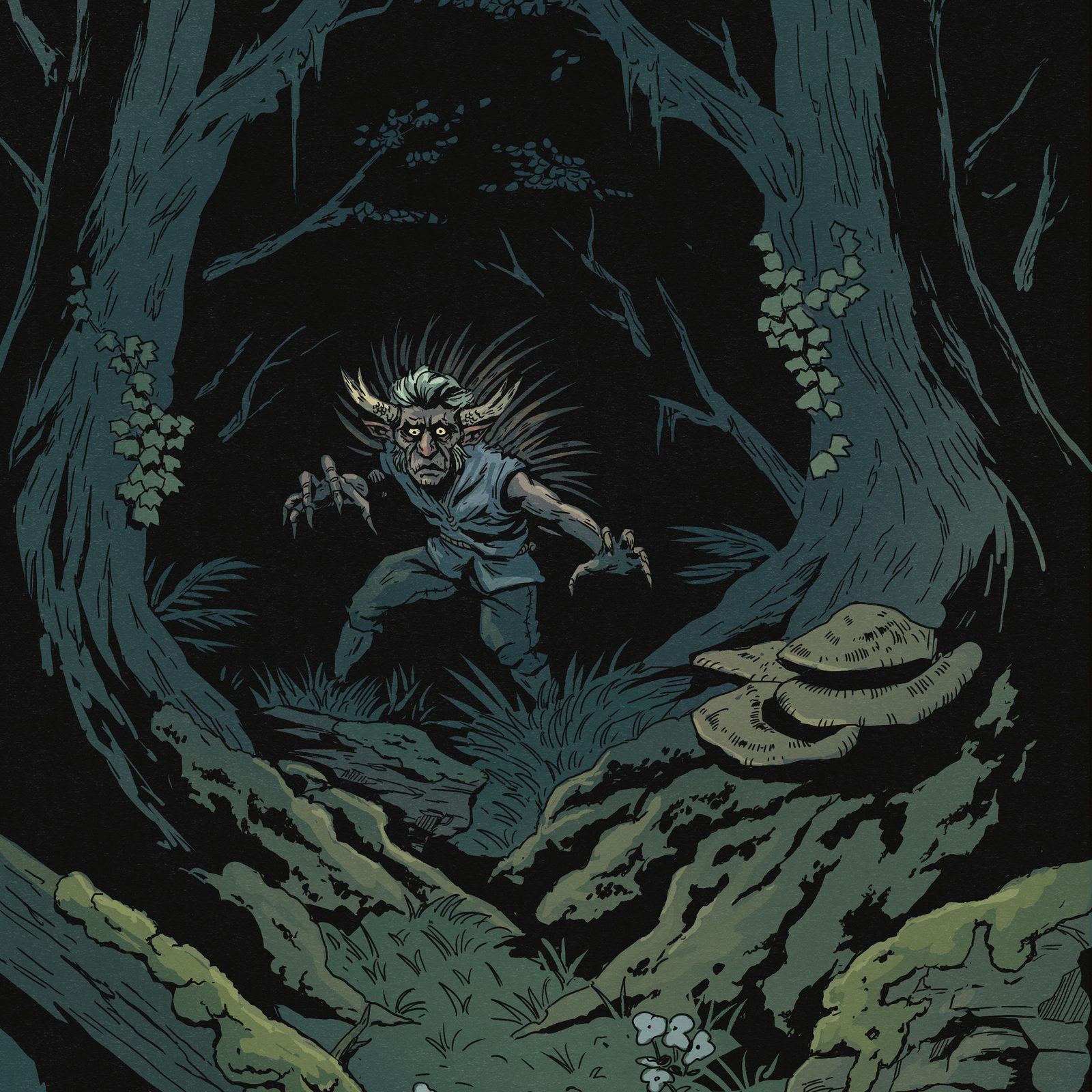 Illustration de couverture du Rivage des Dorahíns : une créature féérique aux griffes et aux bois de cerf se faufile dans une forêt sombre.