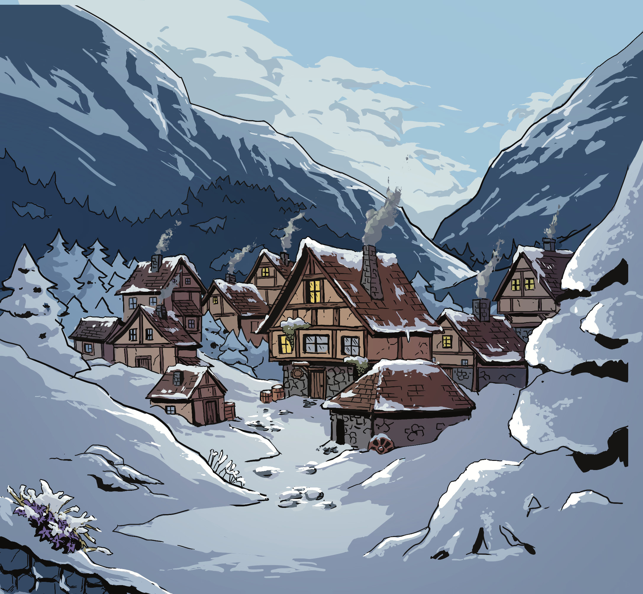 Illustration d’un village de montagne enneigé aux cheminées fumantes