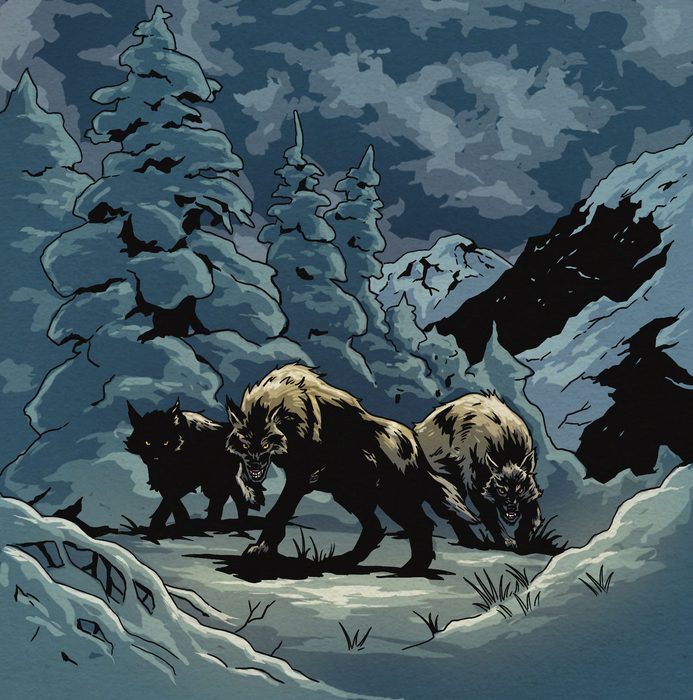 Illustration de loups rôdant dans une forêt au clair de lune